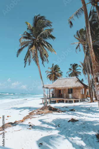 A traditional hut standing on a white sandy beach surrounded by tall palm trees under a clear blue sky