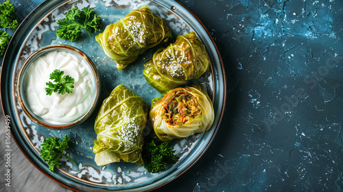 Plate with stuffed cabbage leaves and sour cream on co