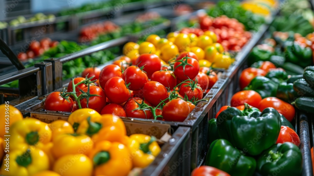 Close-up of organic vegetables on a conveyor belt ready for export Close-up of organic vegetables on a conveyor belt ready for export