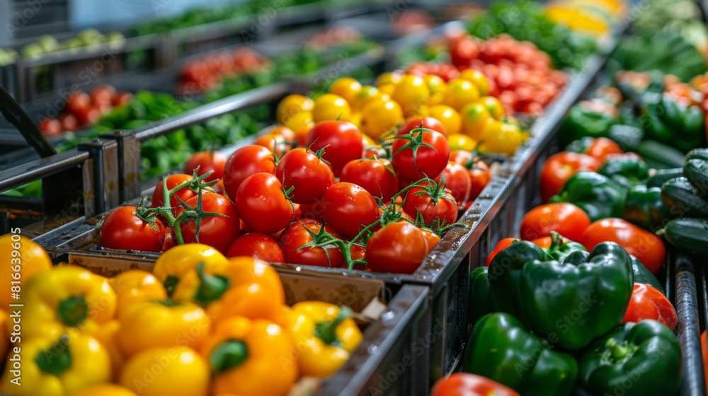 Close-up of organic vegetables on a conveyor belt ready for export