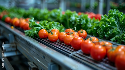 Close-up of organic vegetables on a conveyor belt ready for export