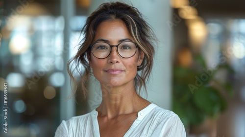 A woman with glasses and a white shirt is smiling