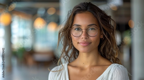 A woman with long brown hair and glasses is smiling