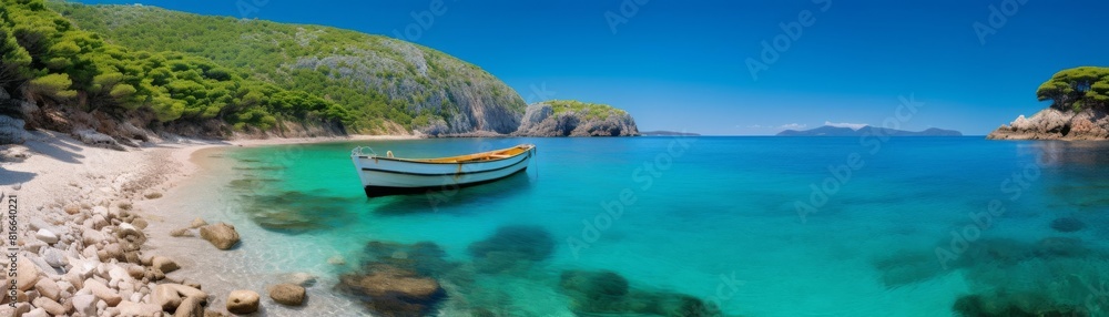 Small boat anchored in a beautiful bay with crystal clear water. Small boat anchored in a beautiful bay with crystal clear water.