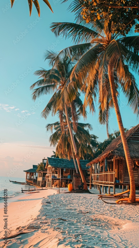A white sand beach with tall palm trees and a wooden beach hut overlooking the ocean A white sand beach with tall palm trees and a wooden beach hut overlooking the ocean