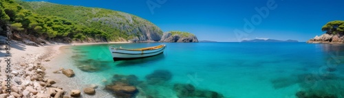 Small boat anchored in a beautiful bay with crystal clear water. photo