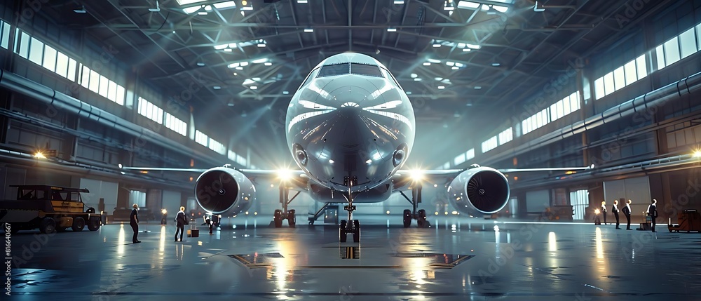 modern passenger airplane positioned inside a spacious, well-lit aircraft hangar. displaying the aircraft's engineering complexity modern passenger airplane positioned inside a spacious, well-lit aircraft hangar. displaying the aircraft's engineering complexity