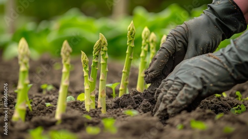 Organic asparagus spears being harvested, with a focus on the delicate tips breaking through the soil. photo