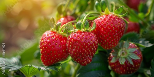 Organic strawberries ripening on the plant  with a close-up on the vibrant red fruits.