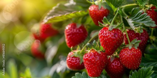 Organic strawberries ripening on the plant  with a close-up on the vibrant red fruits.
