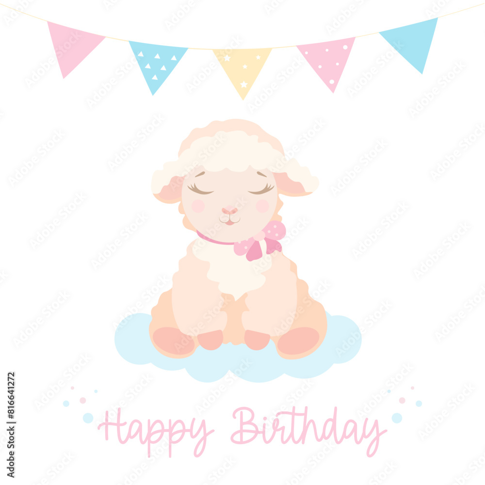 Baby birthday invitation, greeting, shower card. A little happy sheep girl for decoration, kids wear. Baby birthday invitation, greeting, shower card. A little happy sheep girl for decoration, kids wear.