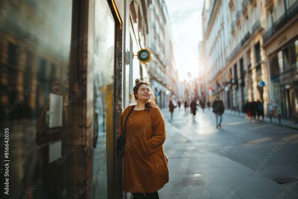 Obraz premium Beautiful plus size young woman outdoors - Confident chubby oversize female model strolling in the city, concepts about diversity, body acceptance and body positive