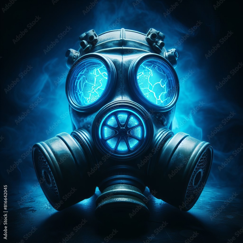 A futuristic gas mask with illuminated lenses and smoky background, portraying themes of survival and vision.. AI Generation A futuristic gas mask with illuminated lenses and smoky background, portraying themes of survival and vision.. AI Generation