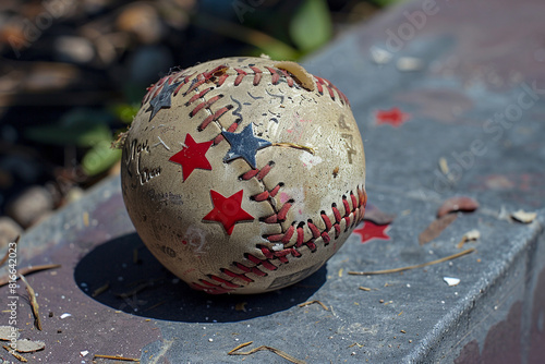 Child's baseball decorated with stars and stripes at a Memorial Day memorial, close-up view.