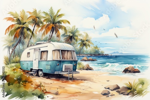 Retro Travel Trailer watercolor clipart. Summer Holiday illustration © ZoomTeam