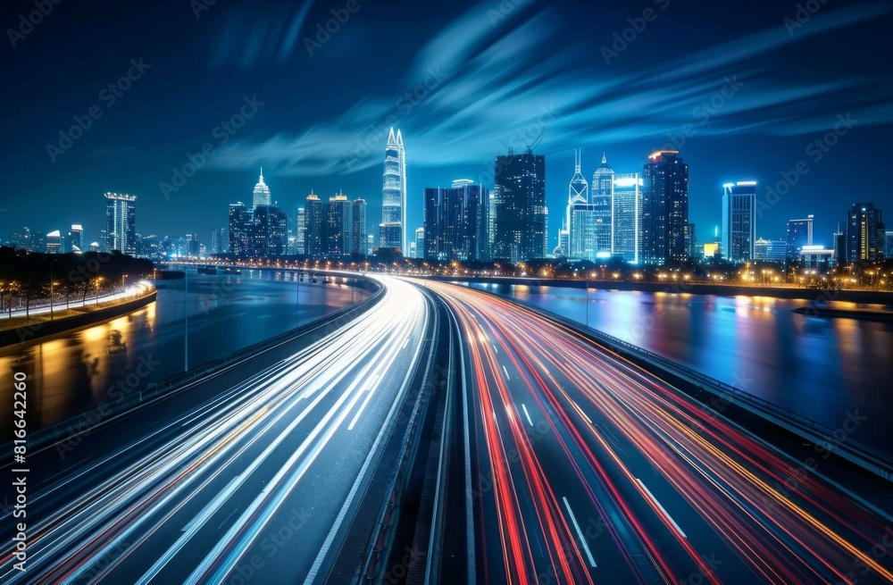 A long exposure photo of a city skyline at night with light trails on the highway