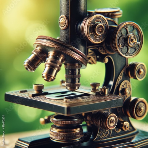 A classic, ornately designed brass microscope showcased against a vibrant green background, illustrating a blend of science and antiquity.. AI Generation