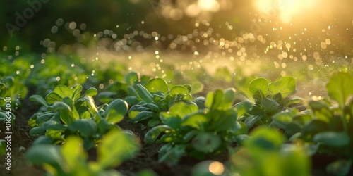 Rows of organic radishes being watered with a sprinkler system at sunset. photo