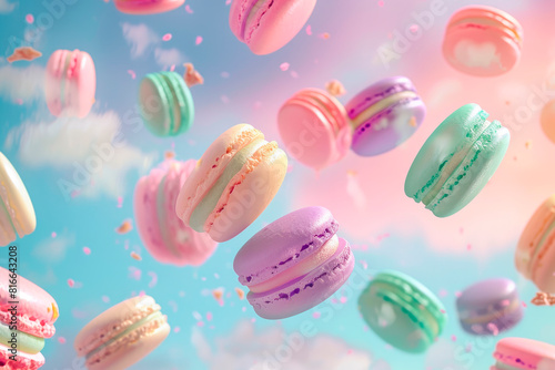 Pastel purple, pink, green, blue, cream and yellow colors macaroons floating in the air. © graja