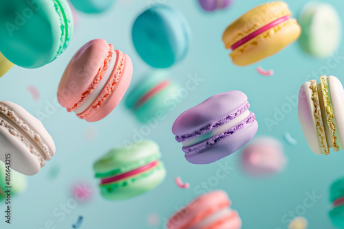 Pastel pink, purple, green, blue, cream and yellow colors macaroons floating in the air. © graja