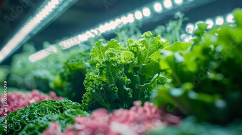 Rows of organic spinach and kale growing under LED lights in a vertical farm