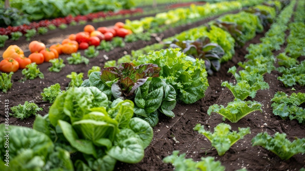 Rows of organic vegetables growing in a well-maintained farm Rows of organic vegetables growing in a well-maintained farm