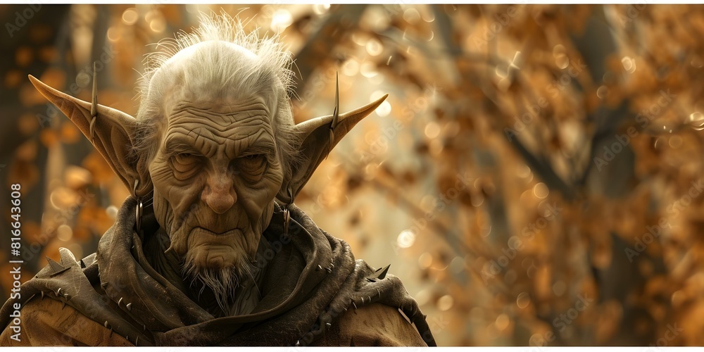 Fototapeta premium 3D rendering of an elderly elf in mystical forest with sharp ears. Concept 3D Rendering, Elderly Elf, Mystical Forest, Sharp Ears, Fantasy Character
