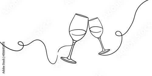 Continuous line champagne cheers one line art, continuous drawing contour. Hands toasting with wine glasses with drinks. Cheers toast festive decoration for holidays. Vector illustration	