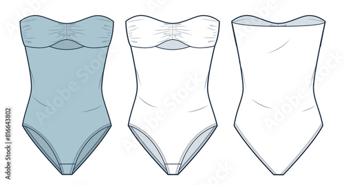 Swimsuit technical fashion illustration. Off Shoulder Bodysuit fashion flat technical drawing template, draped, cutout, front and back view, white, blue, women CAD mockup set.