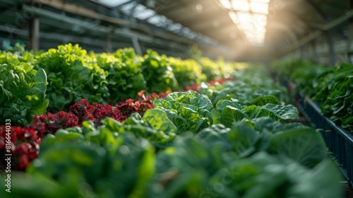 Rows of organic vegetables in a technologically advanced closed system farm