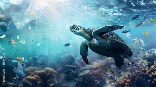 Sea turtle swims littered with plastic waste. Ocean pollution.