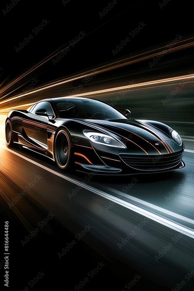 Create an nature image of a sleek, modern car speeding with dynamic motion blur effects. The car should appear to be in high-speed motion with streaks of light and motion lines