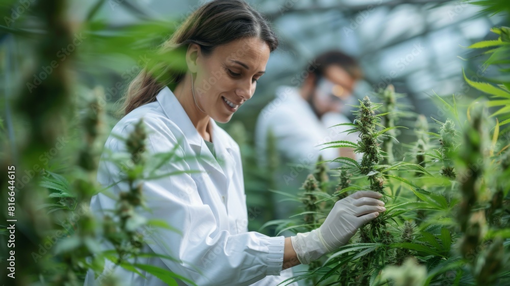 Scientists in a lab measuring the height of cannabis plants Scientists in a lab measuring the height of cannabis plants