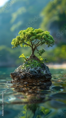 A small tree is growing on a rock in a body of water