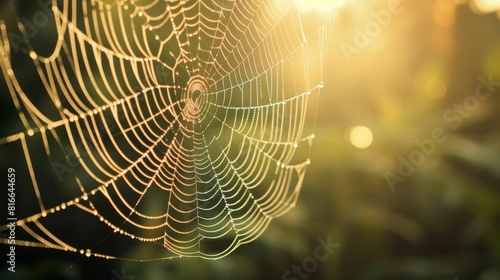 The delicate and intricate structure of a spider's web is illuminated by the soft light of the setting sun.