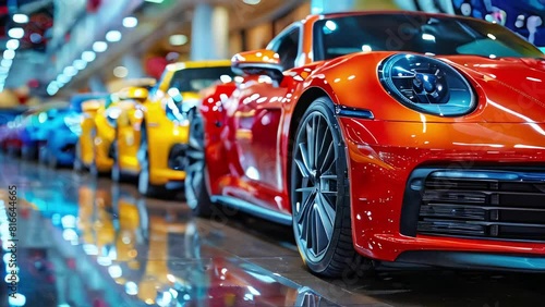 Model range of colorful luxury cars in a car showroom. Focus on the headlight and bumper of a red car