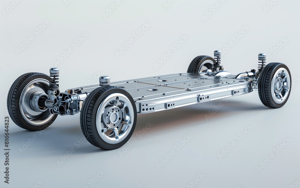 Low angle view of minimalist design of an electric vehicle chassis, highlighting the eco friendly battery technology, set against a clean, white background, modern 3D illustration Low angle view of minimalist design of an electric vehicle chassis, highlighting the eco friendly battery technology, set against a clean, white background, modern 3D illustration