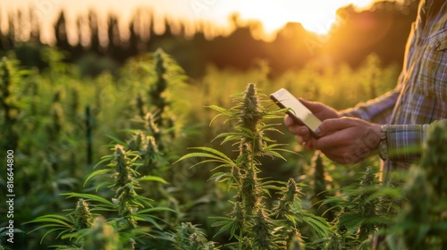 Scientists using handheld devices to monitor cannabis plant conditions and document findings on a hemp farm photo
