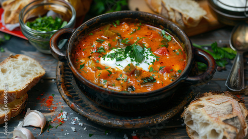 Pot of tasty Hodgepodge soup with sour cream and bread