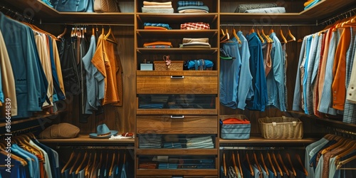 An organized closet with clothes and accessories, and a clear section of the closet for text or product placement photo