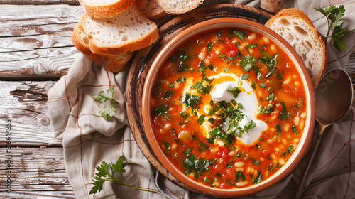 Pot of tasty Hodgepodge soup with sour cream and bread photo