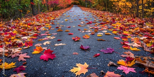 A path covered in colorful autumn leaves with a clear spot on the path for text or product photo