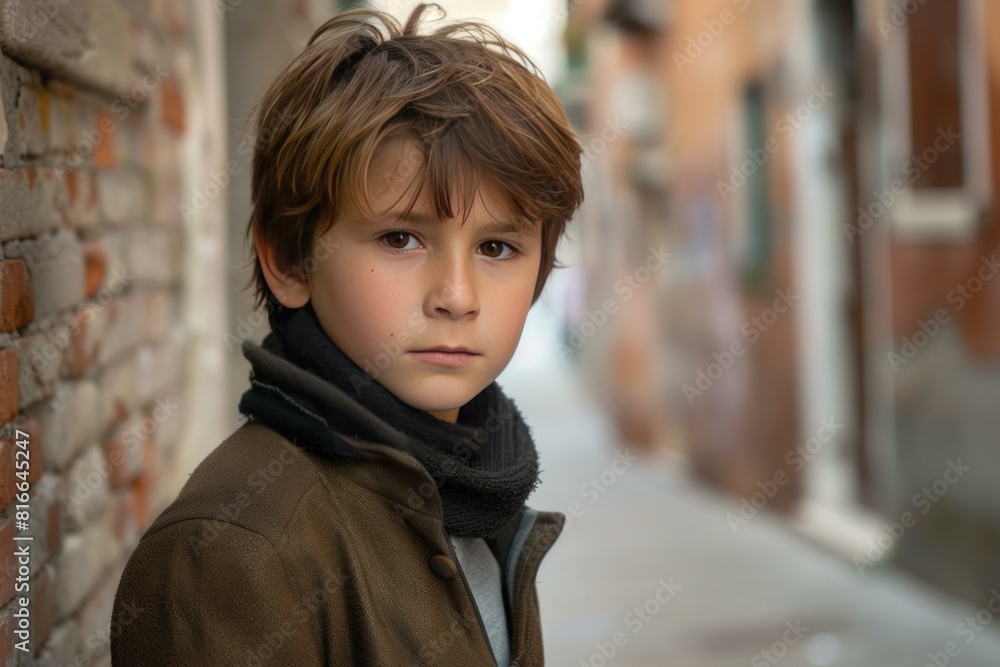 Portrait of a pensive young boy with a serious expression posing in a city alley Portrait of a pensive young boy with a serious expression posing in a city alley