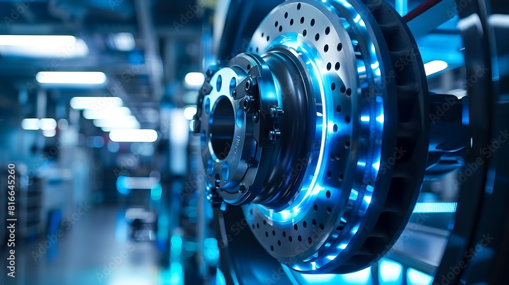 Fototapeta premium a high-performance car brake disc and caliper in a modern automotive workshop