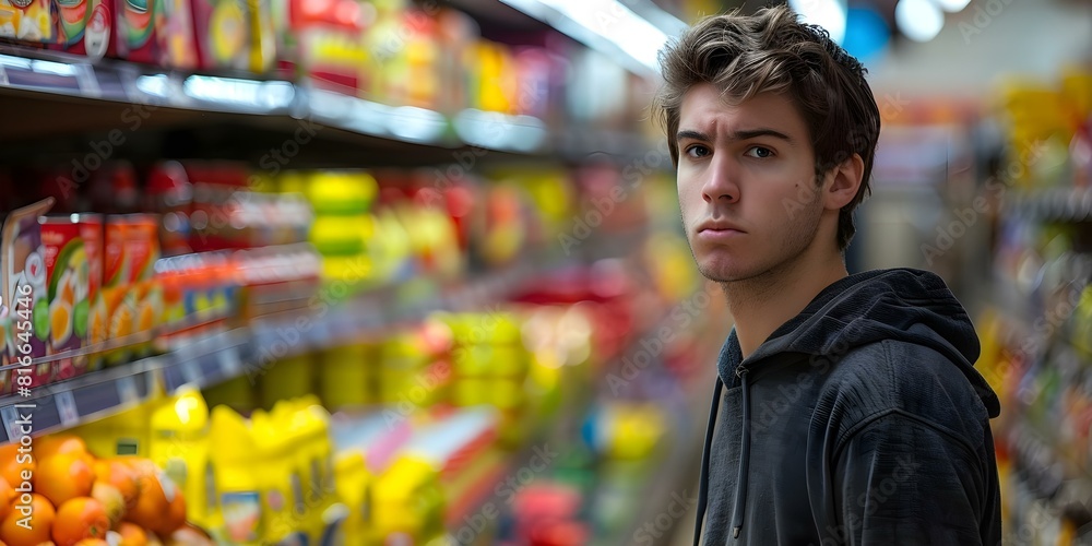A young man shopping in a supermarket appears stressed about high prices. Concept Supermarket shopping, Stress, High prices, Budgeting, Young man A young man shopping in a supermarket appears stressed about high prices. Concept Supermarket shopping, Stress, High prices, Budgeting, Young man