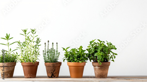 Pots with fresh aromatic herbs on wooden table against