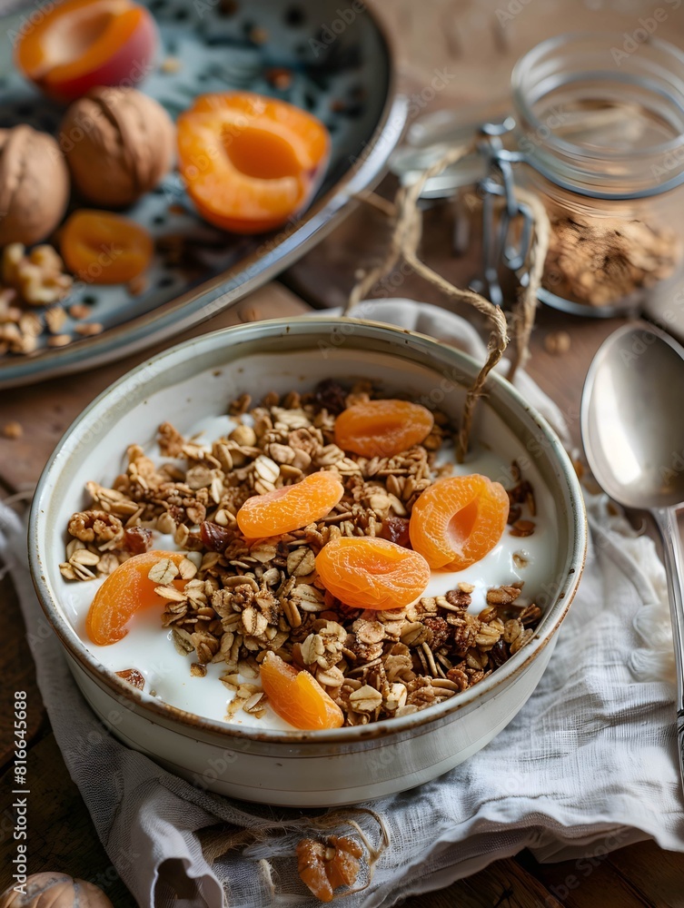 Fototapeta premium homemade granola with dried apricots and nuts for breakfast