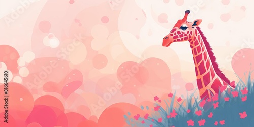 The giraffe stands in a field of flowers under a pink sky. The giraffe is looking to the right of the frame. The image is cartoon giraffe with pink background.