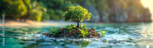 A small tree is growing on a rock in the ocean