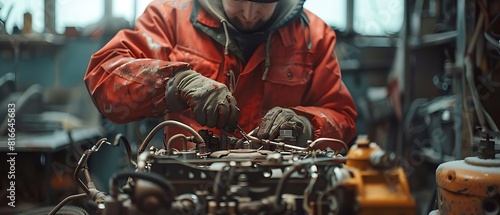 a skilled mechanic in a red jumpsuit, deeply engrossed in the intricate work of repairing a complex car engine. © antusher
